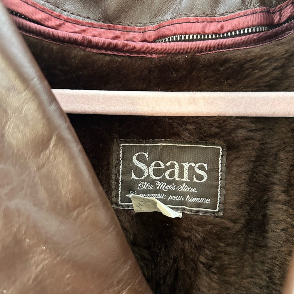 Sears Vintage Brown Leather Faux Shearling Removable Lining Notched Lapel Coat - Picture 4 of 9